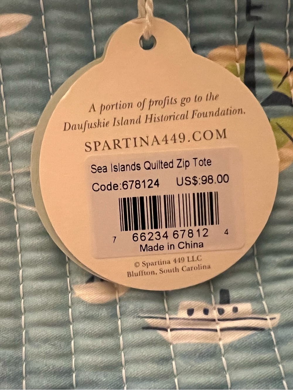 NWT Spartina 449 Sea Islands Quilted Zip Tote Bag Blue Map Coastal Beach 678124 - Picture 2 of 10
